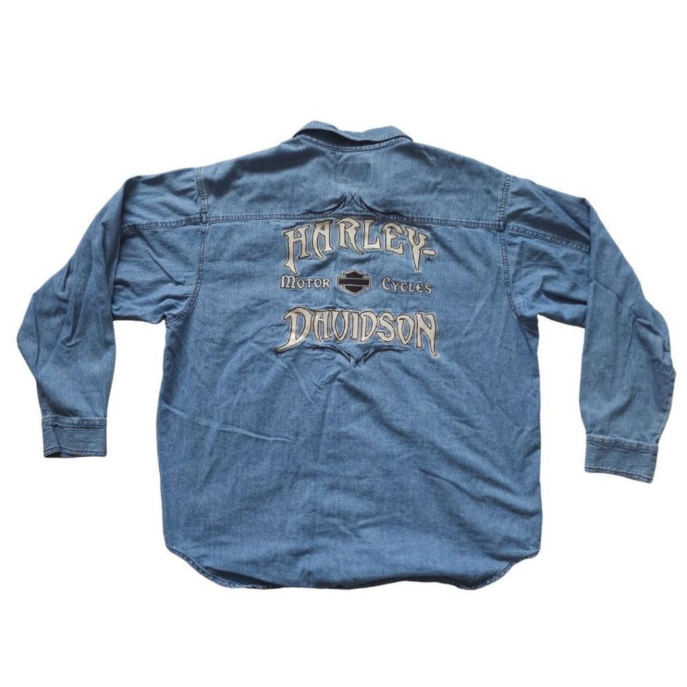 Vtg Harley Davidson Button Up Shirt Mens XXL Denim Long Sleeve Biker Motorcycle